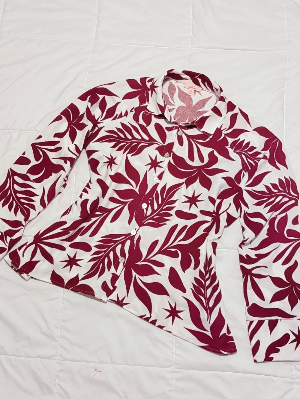 Como Vintage Burgundy Leaf Print Button-Down Blouse Sz S